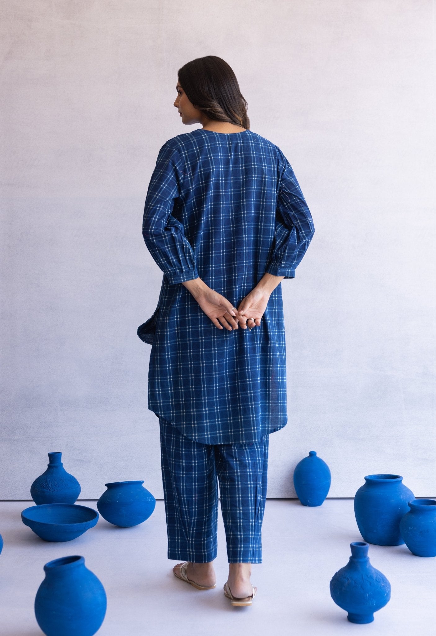 INDIGO BAGRU HAND BLOCK PRINTED CHECKS COORD SET - Tara - C - Tara