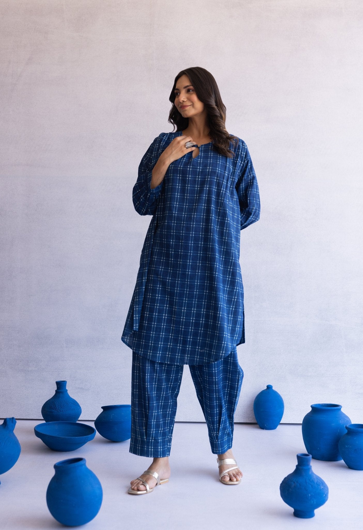 INDIGO BAGRU HAND BLOCK PRINTED CHECKS COORD SET - Tara - C - Tara