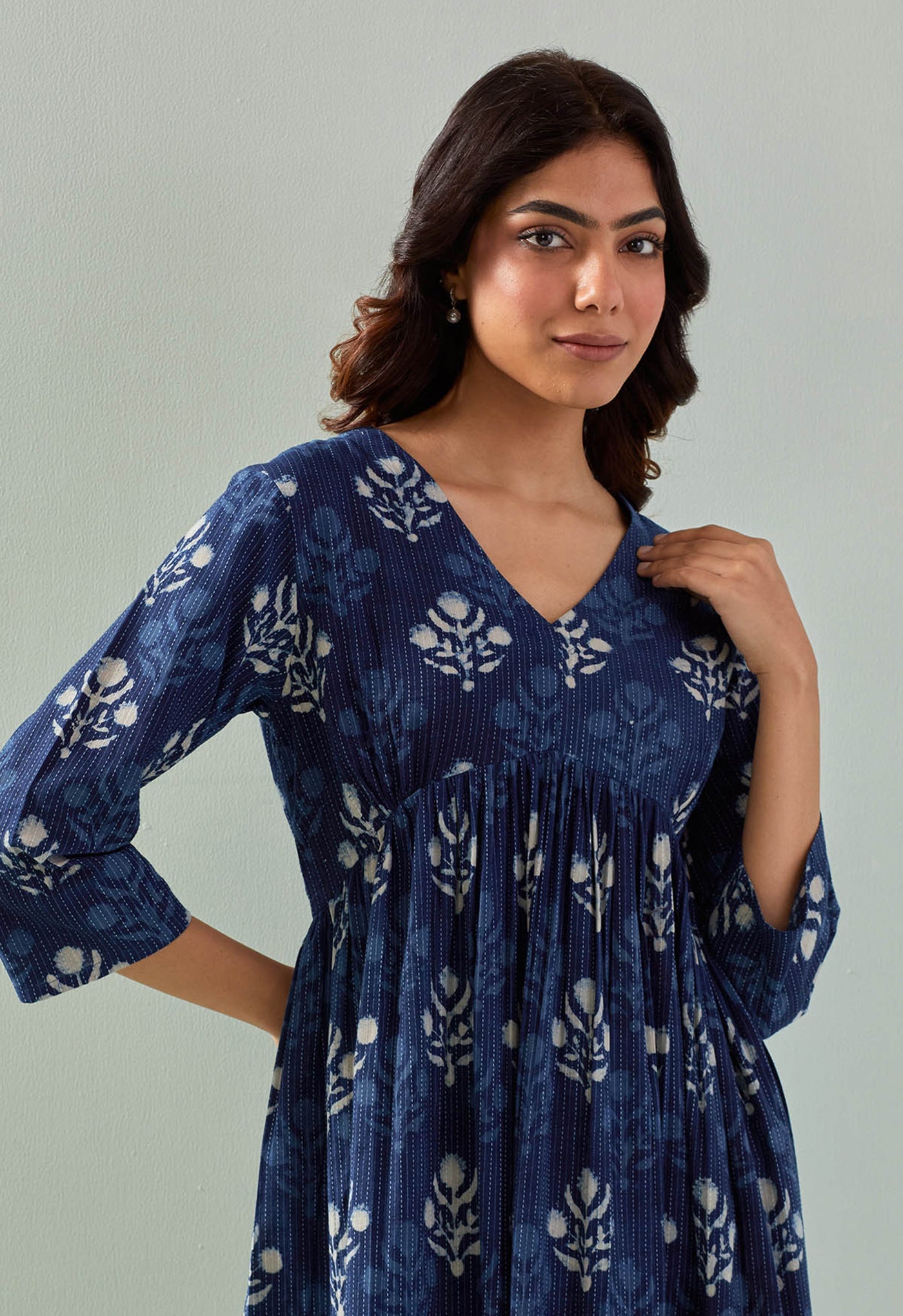 INDIGO HAND BLOCK PRINTED FLORAL DRESS - Tara - C - Tara