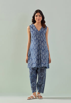 Indigo hand block printed kurta with bottoms - Tara - C - Tara