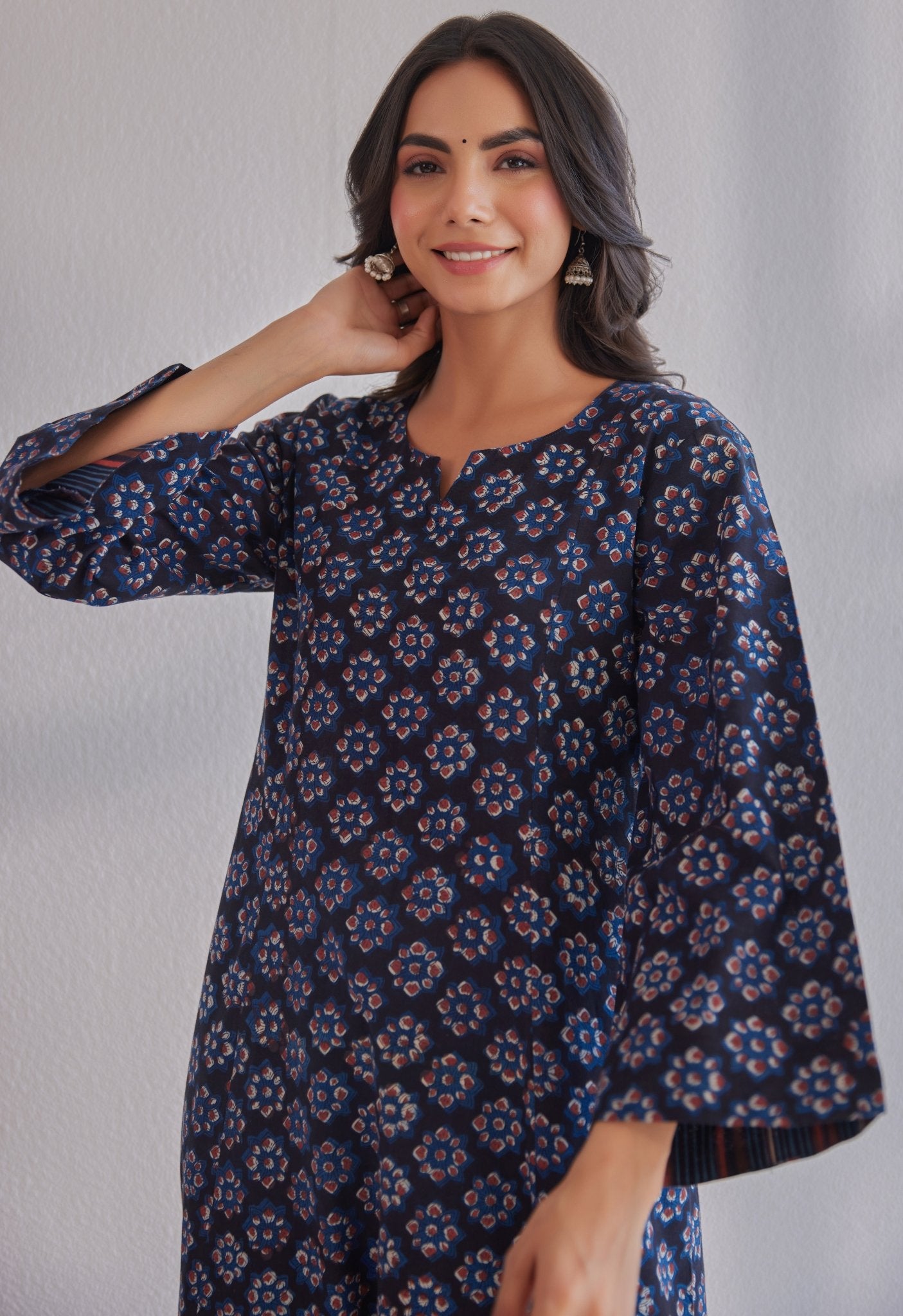 Indigo Jahota Hand Block Printed Cotton Kurta - Tara - C - Tara