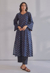 Indigo Jahota Hand Block Printed Cotton Kurta - Tara - C - Tara