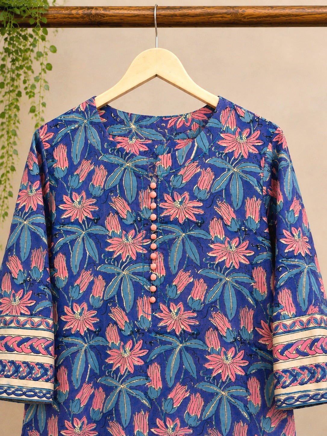 Indigo Passion Flower Hand Block Printed Cotton Kurta - Tara-C-Tara