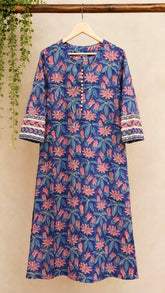 Indigo Passion Flower Hand Block Printed Cotton Kurta - Tara-C-Tara