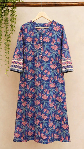 Indigo Passion Flower Hand Block Printed Cotton Kurta - Tara-C-Tara