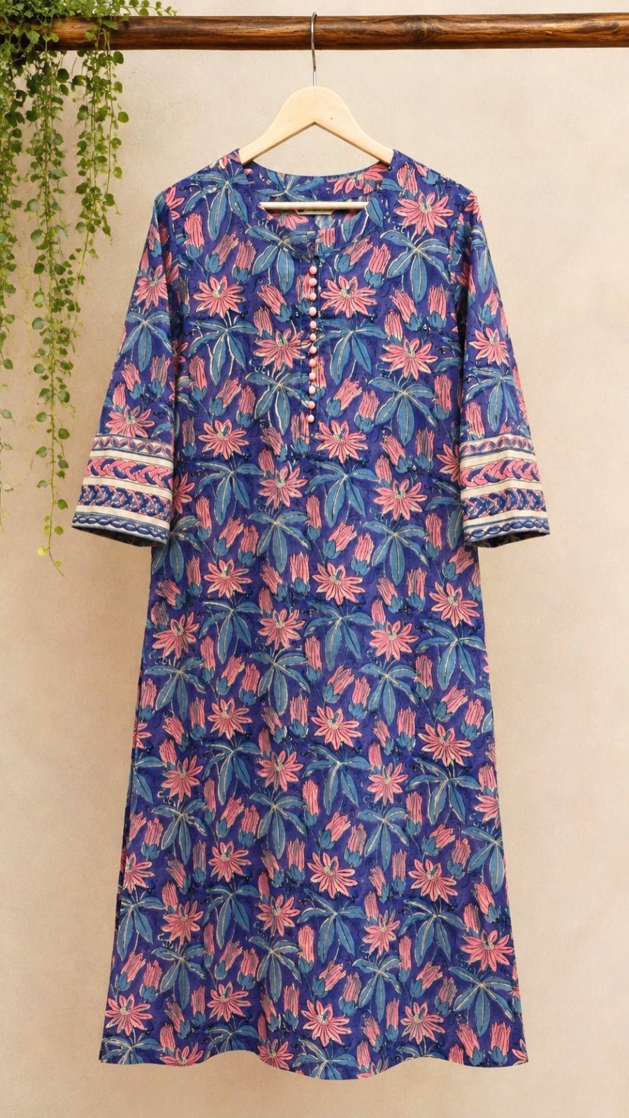 Indigo Passion Flower Hand Block Printed Cotton Kurta - Tara-C-Tara