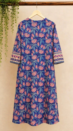 Indigo Passion Flower Hand Block Printed Cotton Kurta - Tara-C-Tara