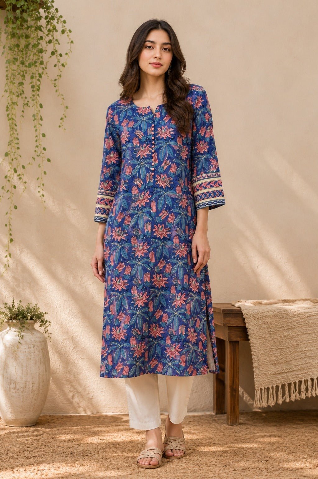 Indigo Passion Flower Hand Block Printed Cotton Kurta - Tara-C-Tara
