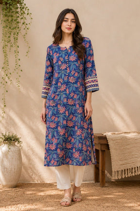 Indigo Passion Flower Hand Block Printed Cotton Kurta - Tara-C-Tara