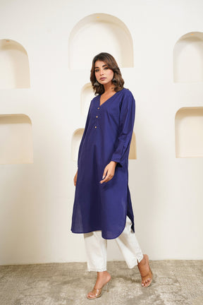 Ink Blue Premium Cotton Long Kurta - Tara - C - Tara