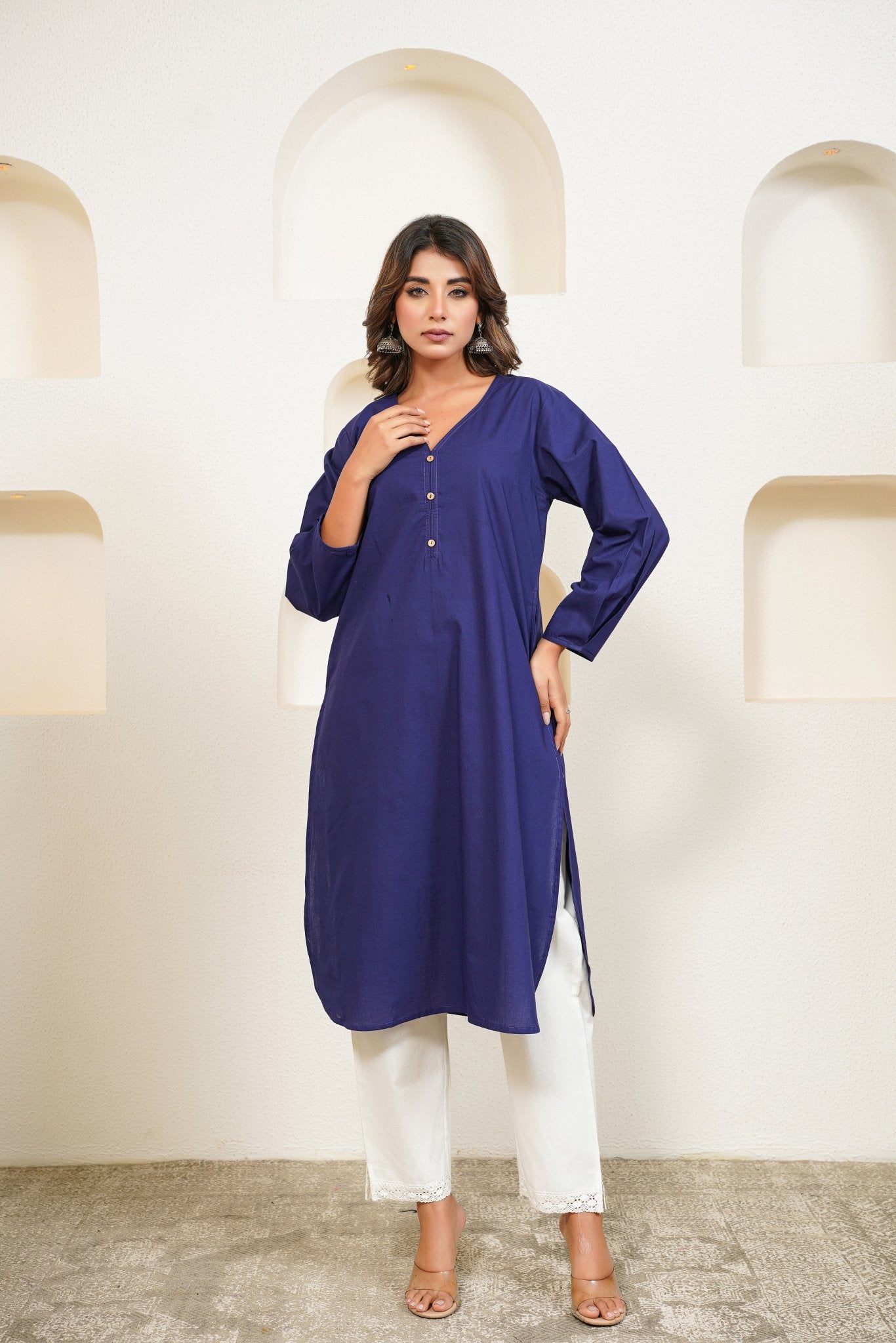 Ink Blue Premium Cotton Long Kurta - Tara - C - Tara