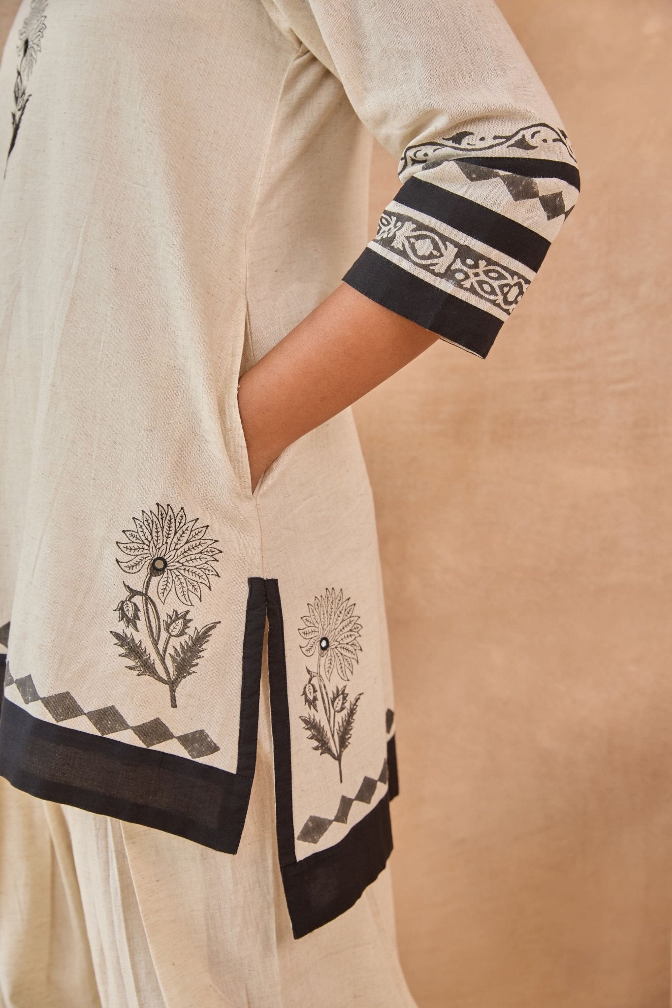 Ivory-Black Floral Hand Block Print Embroirdered Farsi Salwar Co-ord Set - Tara-C-Tara