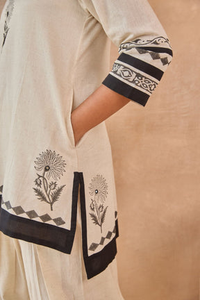 Ivory-Black Floral Hand Block Print Embroirdered Farsi Salwar Co-ord Set - Tara-C-Tara
