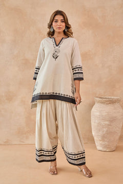 Ivory-Black Floral Hand Block Print Embroirdered Farsi Salwar Co-ord Set