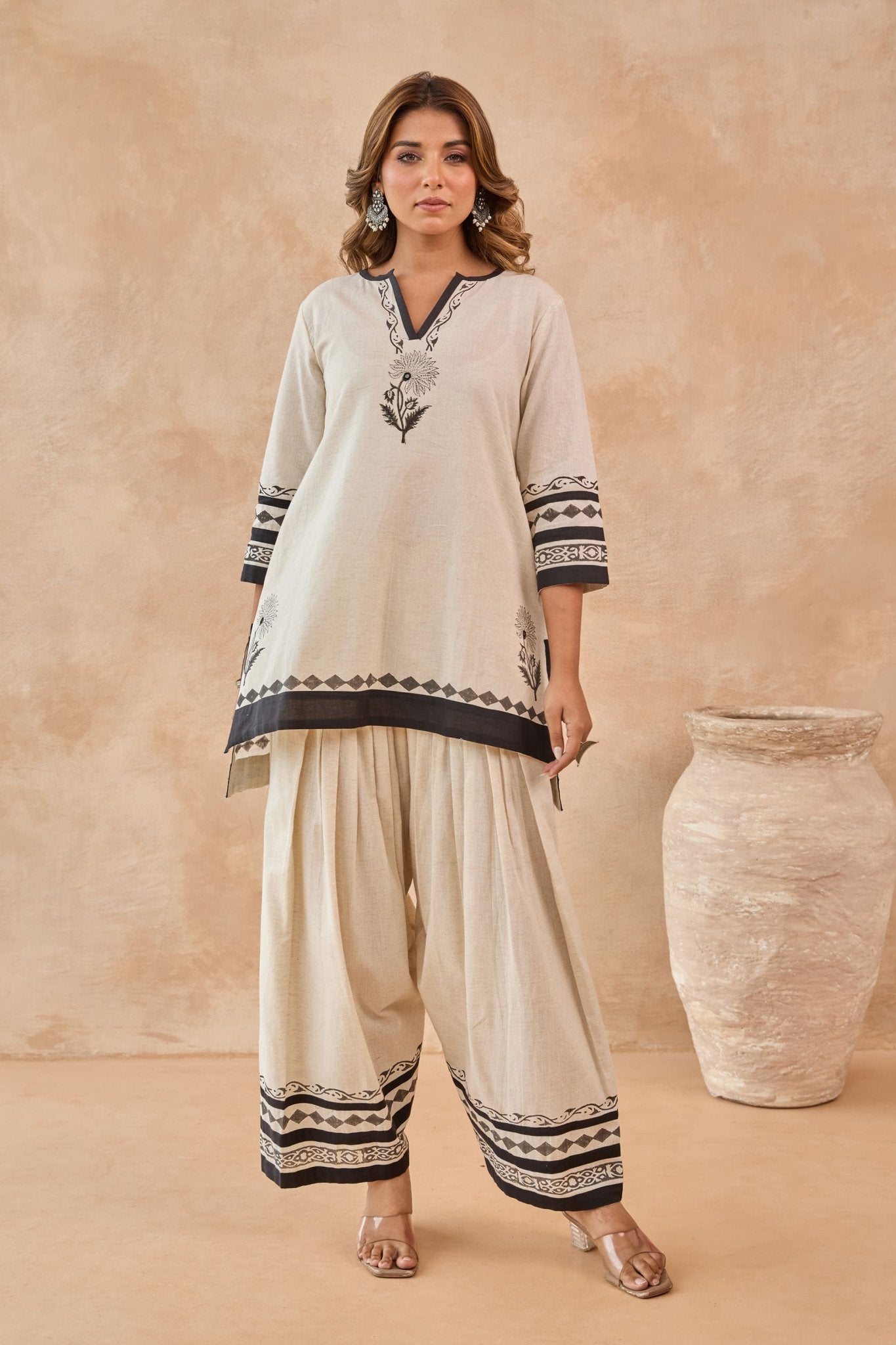 Ivory-Black Floral Hand Block Print Embroirdered Farsi Salwar Co-ord Set - Tara-C-Tara