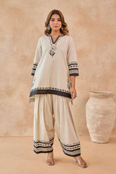 Ivory-Black Floral Hand Block Print Embroirdered Farsi Salwar Co-ord Set - Tara-C-Tara