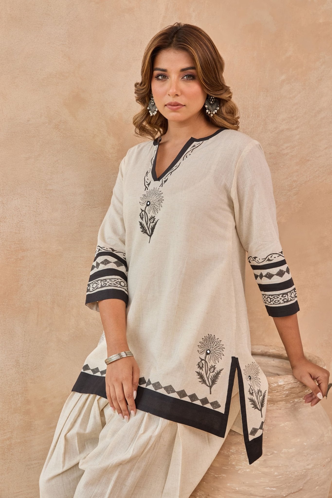 Ivory-Black Floral Hand Block Print Embroirdered Farsi Salwar Co-ord Set - Tara-C-Tara