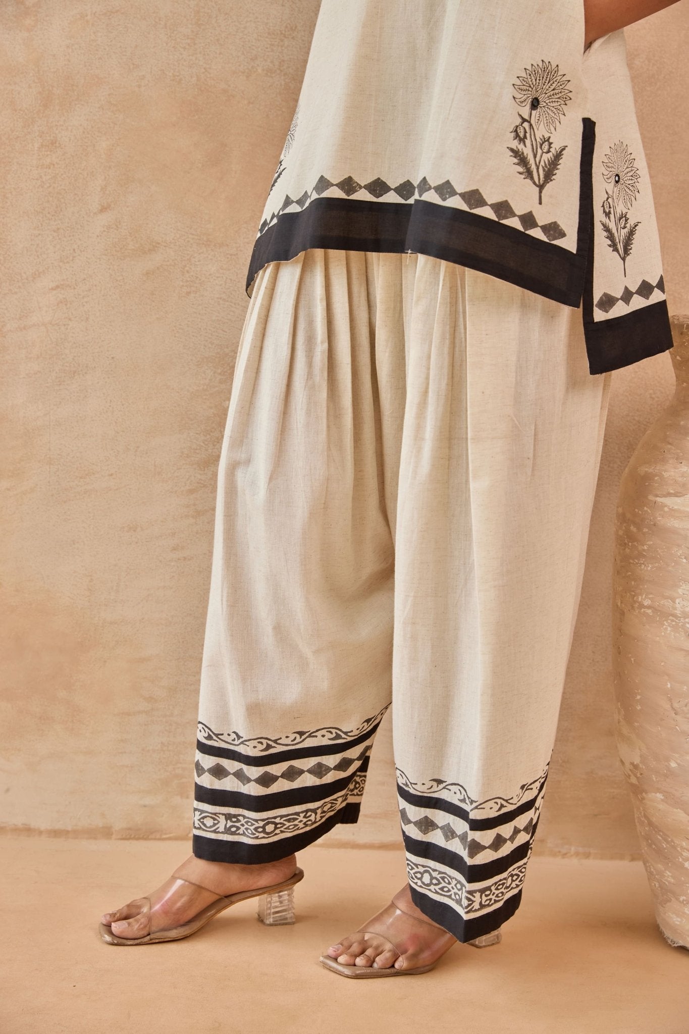 Ivory-Black Floral Hand Block Print Embroirdered Farsi Salwar Co-ord Set - Tara-C-Tara