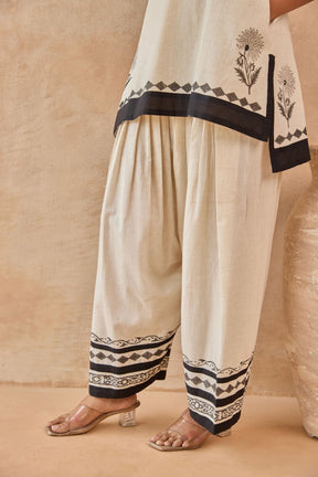 Ivory-Black Floral Hand Block Print Embroirdered Farsi Salwar Co-ord Set - Tara-C-Tara