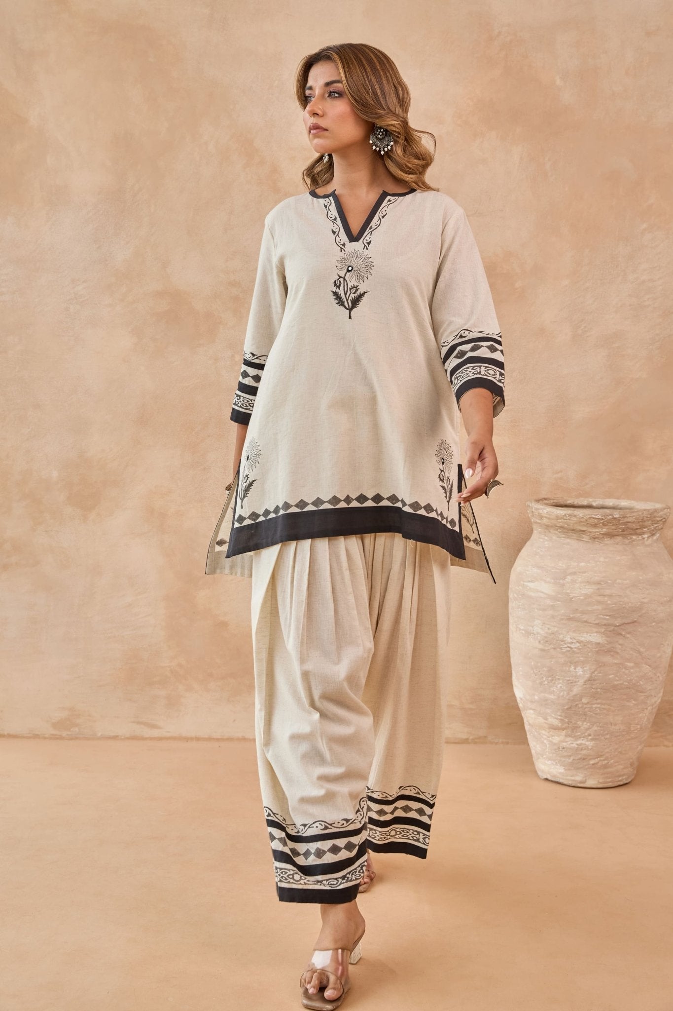 Ivory-Black Floral Hand Block Print Embroirdered Farsi Salwar Co-ord Set - Tara-C-Tara
