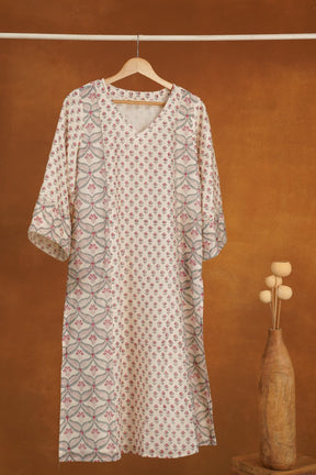 Ivory Blue Floral Hand Block Printed Chanderi Silk Kurta - Tara-C-Tara