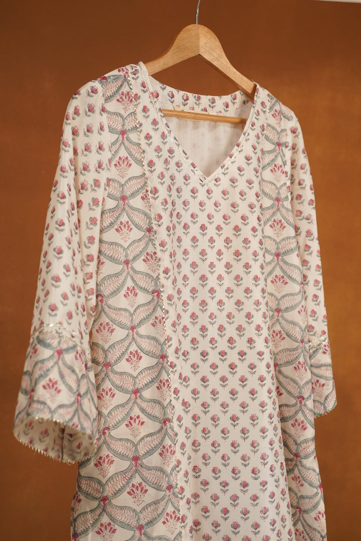 Ivory Blue Floral Hand Block Printed Chanderi Silk Kurta - Tara-C-Tara