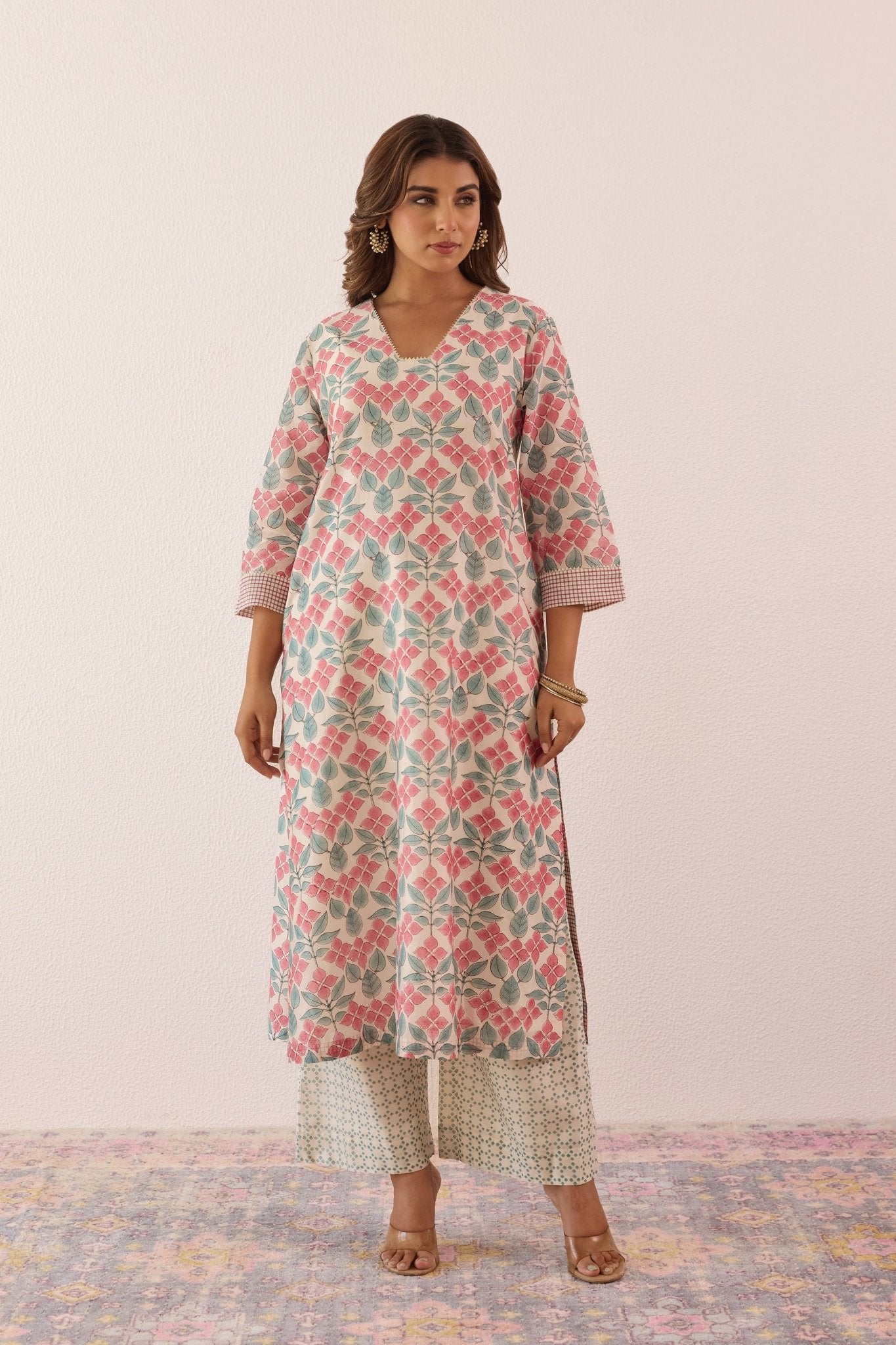 Ivory Chanderi Hand block Printed Suit Set With Dupatta - Tara - C - Tara