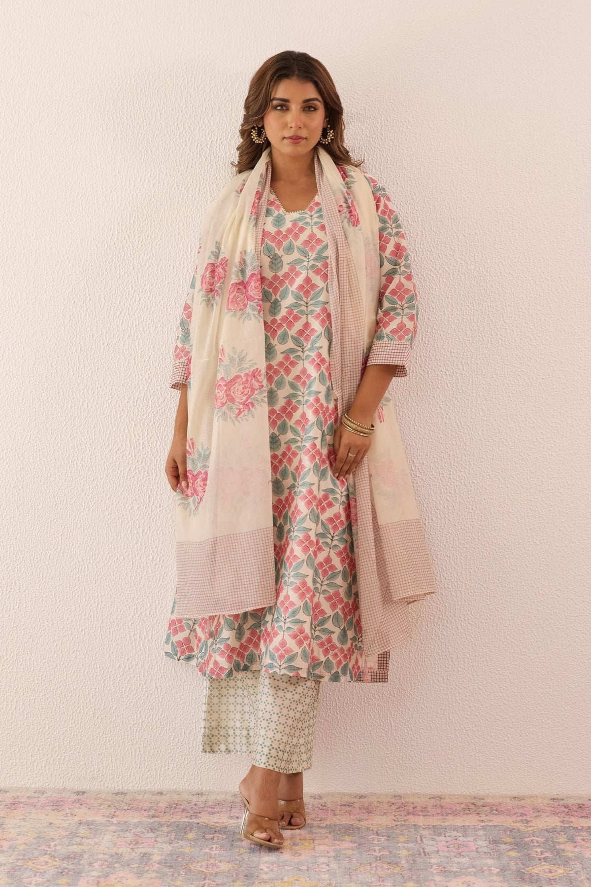 Ivory Chanderi Hand block Printed Suit Set With Dupatta - Tara - C - Tara