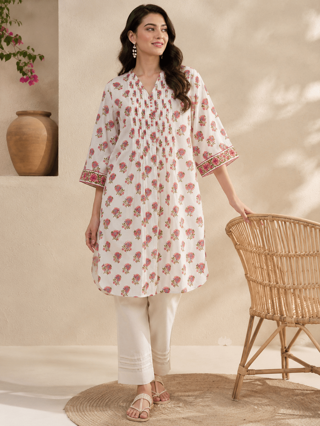 Ivory Floral Booti Pintuck Short Kurti - Tara-C-Tara
