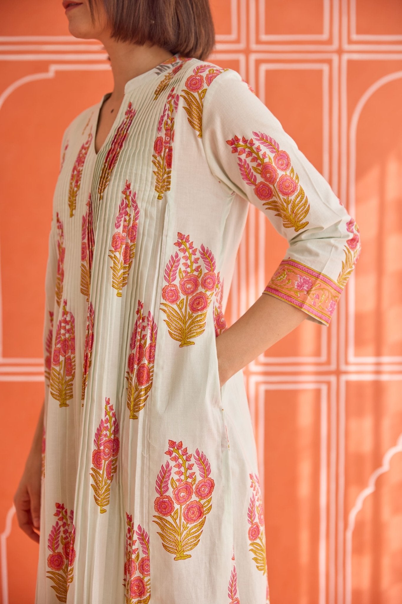 Ivory Floral Hand Block Printed Co-ord Set - Tara-C-Tara