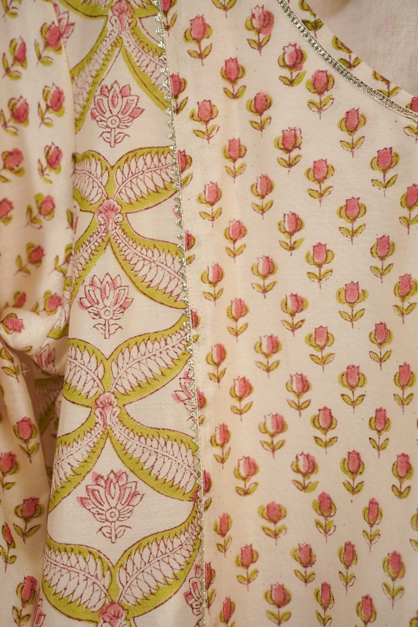 Ivory Green Floral Hand Block Printed Chanderi Silk Kurta - Tara-C-Tara