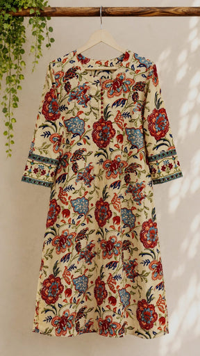 Ivory Mughal Jaal Hand Block Printed Cotton Kurta - Tara-C-Tara