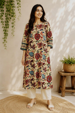 Ivory Mughal Jaal Hand Block Printed Cotton Kurta - Tara-C-Tara