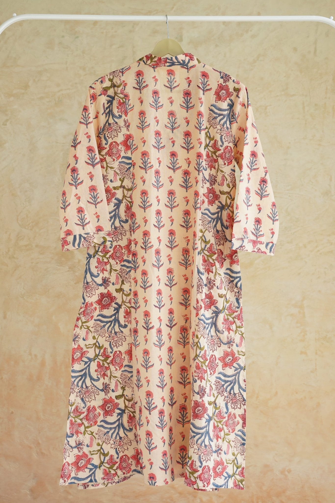 Ivory Peach Floral Booti & Jaal Hand Block Printed Cotton Kurta - Tara-C-Tara