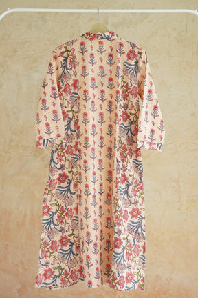 Ivory Peach Floral Booti & Jaal Hand Block Printed Cotton Kurta - Tara-C-Tara