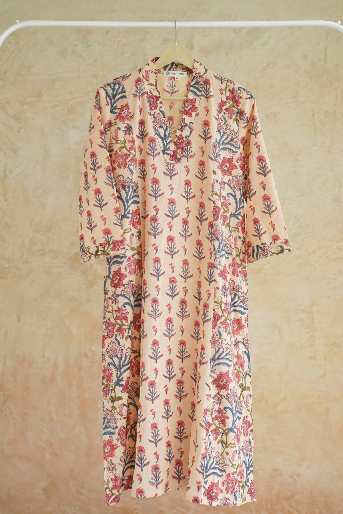 Ivory Peach Floral Booti & Jaal Hand Block Printed Cotton Kurta - Tara-C-Tara