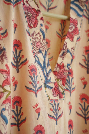 Ivory Peach Floral Booti & Jaal Hand Block Printed Cotton Kurta - Tara-C-Tara