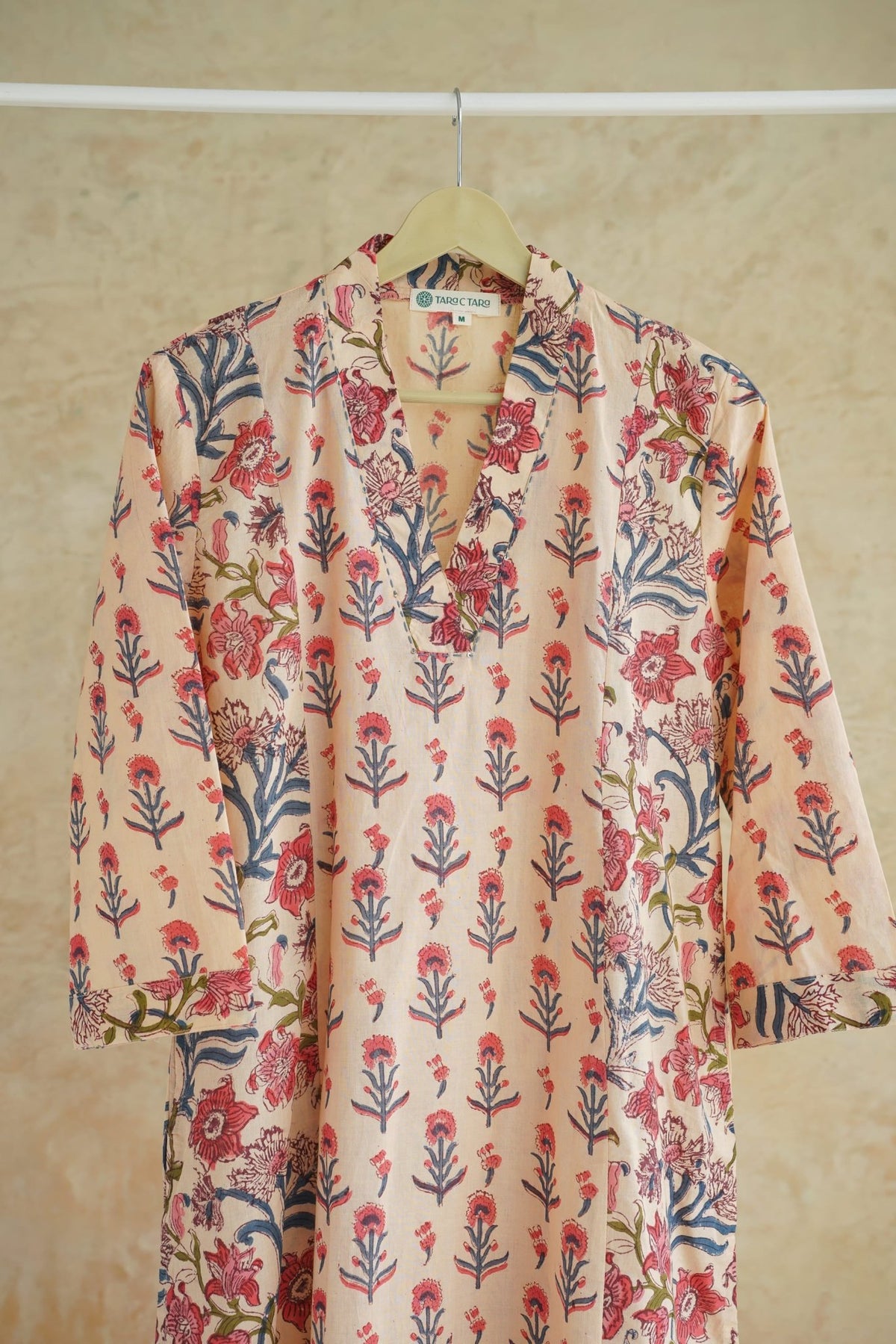 Ivory Peach Floral Booti & Jaal Hand Block Printed Cotton Kurta - Tara-C-Tara