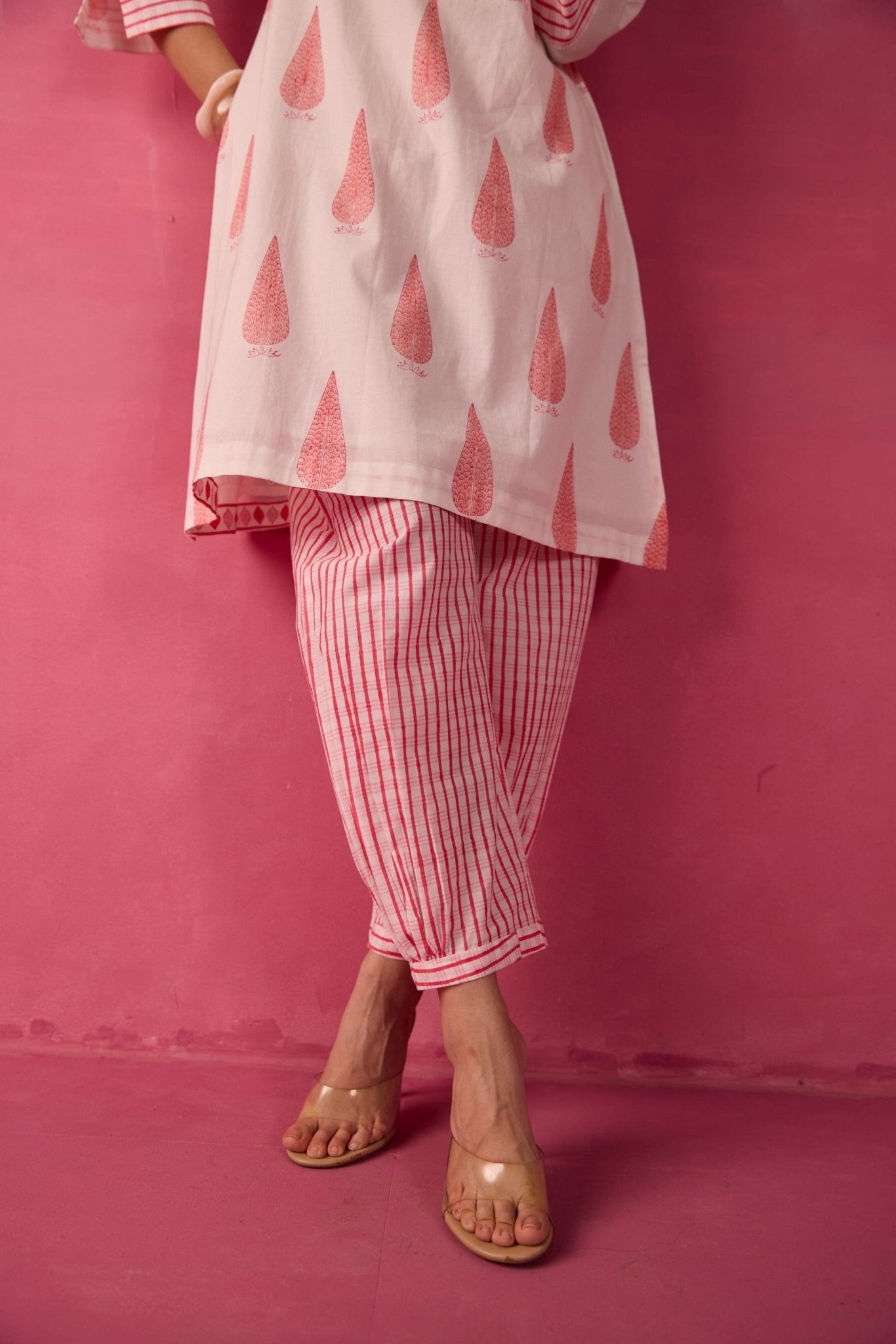 Ivory-Pink Leaf & Check Hand Block Printed Co-ord Set - Tara-C-Tara