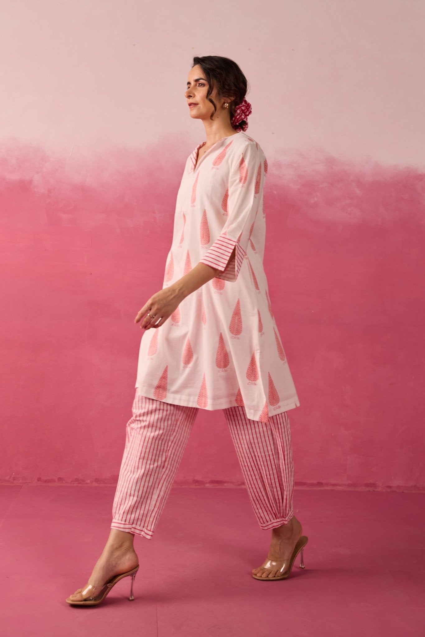 Ivory-Pink Leaf & Check Hand Block Printed Co-ord Set - Tara-C-Tara