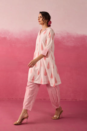Ivory-Pink Leaf & Check Hand Block Printed Co-ord Set - Tara-C-Tara