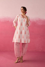 Ivory-Pink Leaf & Check Hand Block Printed Co-ord Set