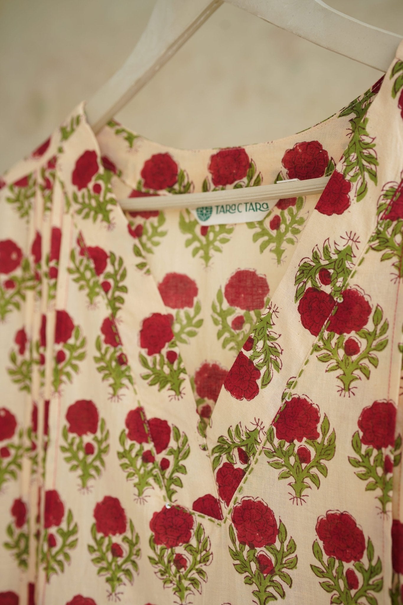 Ivory Rose Floral Hand Block Print Cotton Kurta - Tara-C-Tara