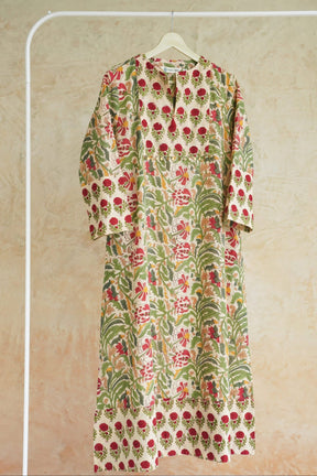 Ivory Tropical Floral Hand Block Printed Cotton Kurta - Tara-C-Tara