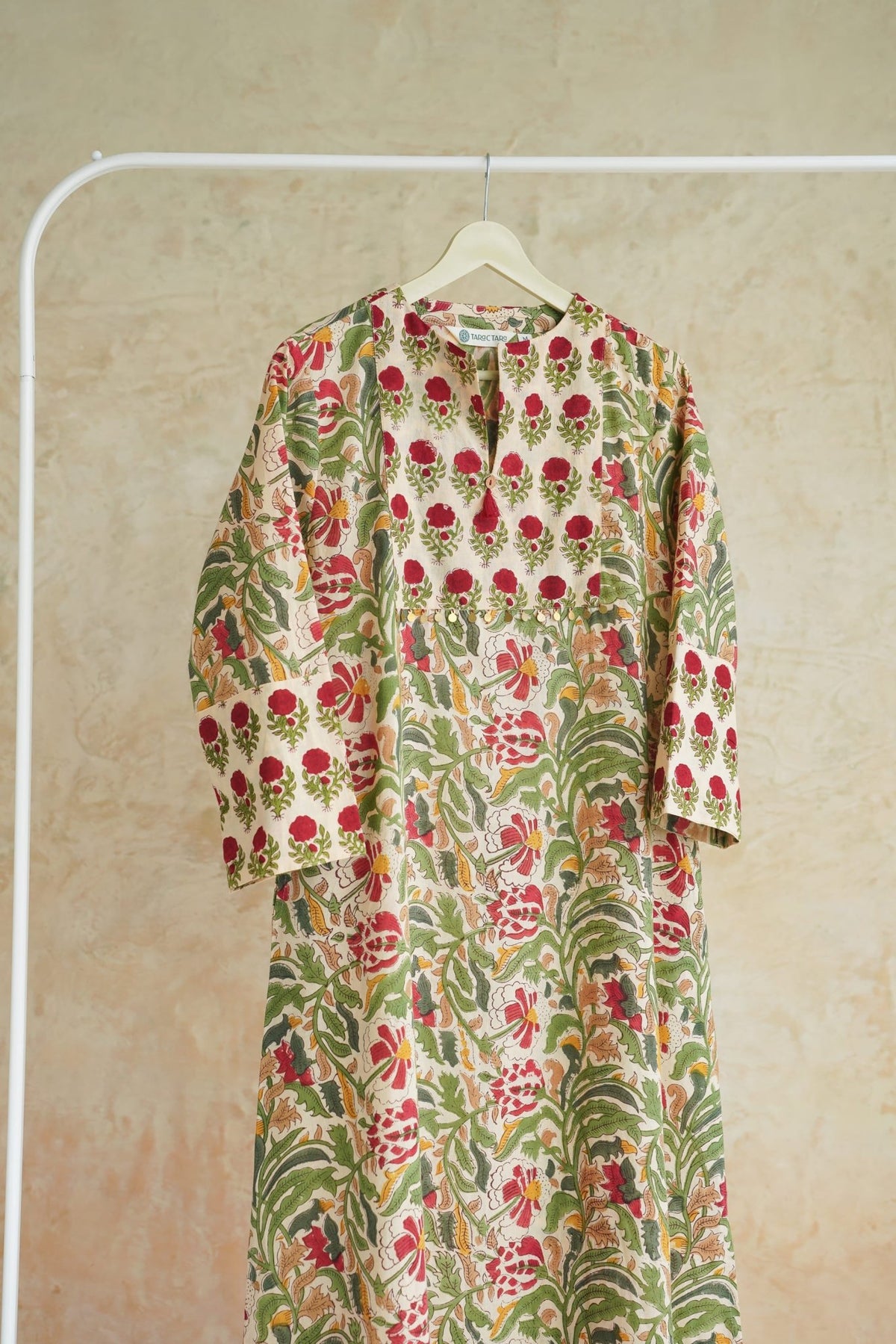 Ivory Tropical Floral Hand Block Printed Cotton Kurta - Tara-C-Tara