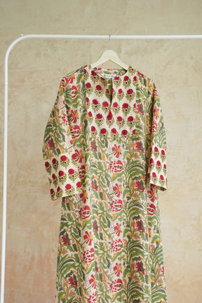 Ivory Tropical Floral Hand Block Printed Cotton Kurta - Tara-C-Tara