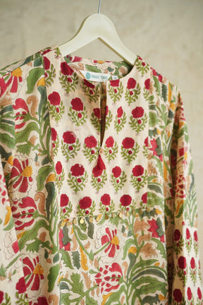 Ivory Tropical Floral Hand Block Printed Cotton Kurta - Tara-C-Tara