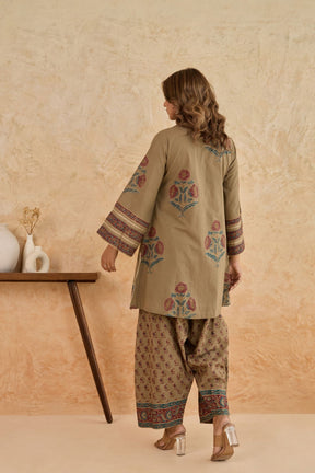 Khaki Floral Print Cotton Farsi Salwar Co-ord Set - Tara-C-Tara