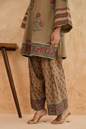Khaki Floral Print Cotton Farsi Salwar Co-ord Set - Tara-C-Tara