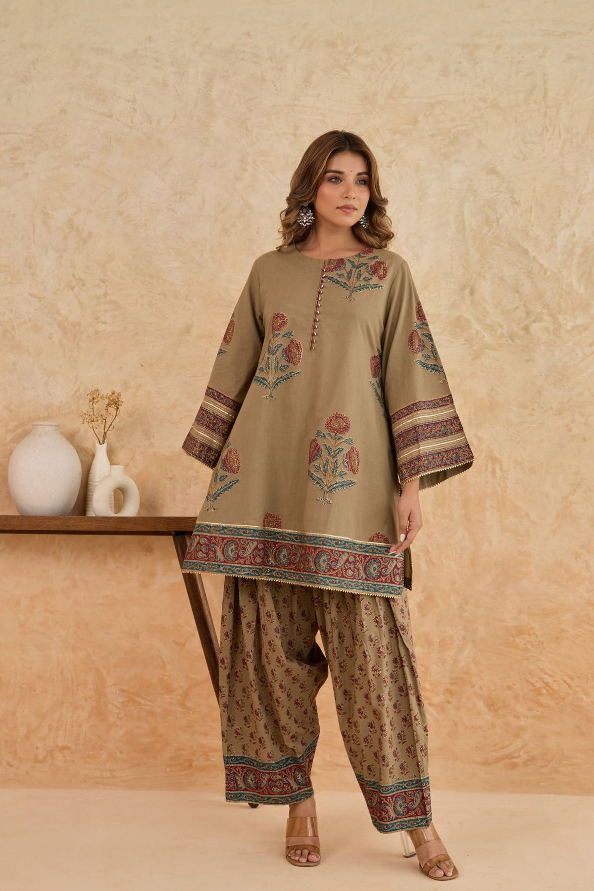 Khaki Floral Print Cotton Farsi Salwar Co-ord Set - Tara-C-Tara